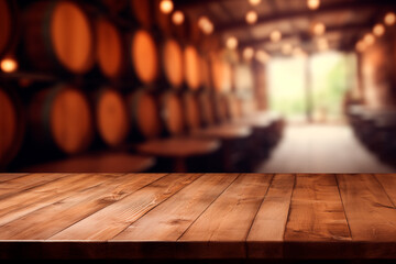 empty wooden table in front blurred wine cellar in the background. winery and beverage concept, background for product display - obrazy, fototapety, plakaty