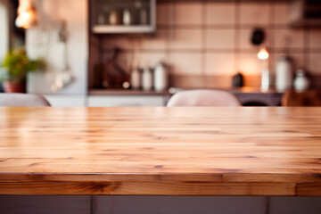 Empty wooden table in front kitchen  background, product display
