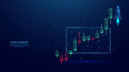 illustration of stock market trading activities on the tablet screen. stock market uptrend on candlestick chart. blue low poly style background. - obrazy, fototapety, plakaty
