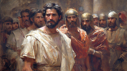 Trial Before Pontius Pilate:  A powerful depiction of Jesus standing before Pontius Pilate, navigating the intense trial and the weight of divine purpose - obrazy, fototapety, plakaty