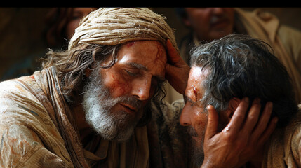 Healing the Leper:  A compassionate image of Jesus healing a leper, illustrating the transformative power of divine touch and mercy - obrazy, fototapety, plakaty