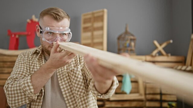Bearded man inspecting wood in a carpentry workshop wearing safety goggles