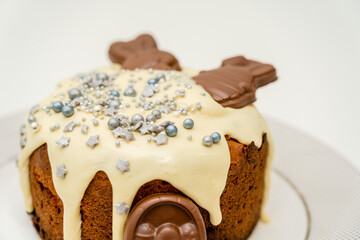 Traditional ukrainian easter cake on white table. Happy easter, spring holiday