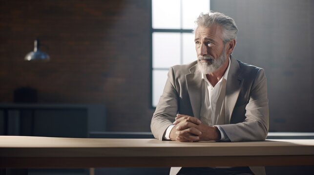 pensive old man sitting at a table