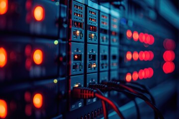 Fototapeta premium Switchbox glowing with blue and red in dark server room with cables as data storage network equipment background