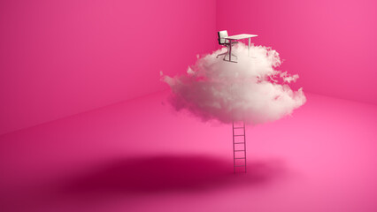 Success or career concept: A ladder leaning against a real cloud in a pink room. An office chair and table on the cloud. The sky is the limit. 3d render