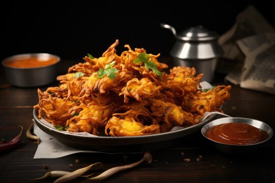 Crispy kanda pakora, kanda bhaji or onion fritters. A road side snack served with red garlic chutney. favourite monsoon snack in India