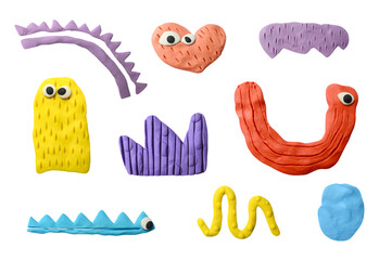 Plasticine colored forms. Modeling clay. Cute texture elements with eyes.