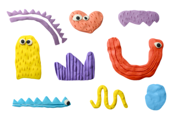 Plasticine colored forms. Modeling clay. Cute texture elements with eyes.