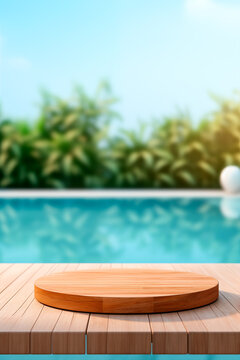 Empty wooden table in front pool bar background, product display montage.