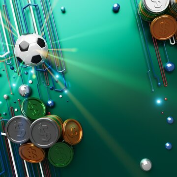 football with money coin concept. casino soccer game. bet gambling 3D render. 3D illustration. sports background. realistic design. copy space. online game gamble. abstract object. futuristic image