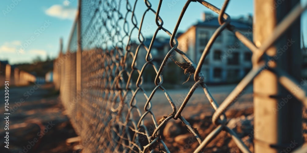 Poster A picture of a chain link fence with a building in the background. This image can be used to represent security, boundaries, or urban environments