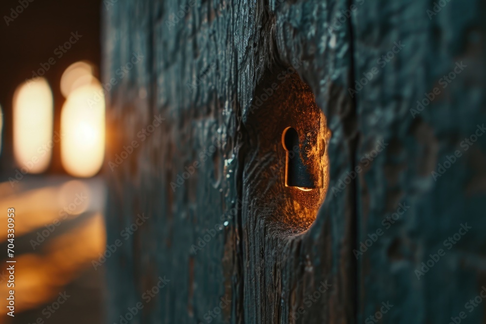 Poster a close-up view of a wooden door with a keyhole. this image can be used to depict security, mystery,