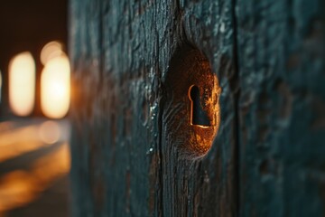 A close-up view of a wooden door with a keyhole. This image can be used to depict security, mystery, or privacy