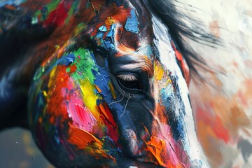 A close-up view of a horse's face covered in vibrant paint. This unique image can be used for various creative projects and designs