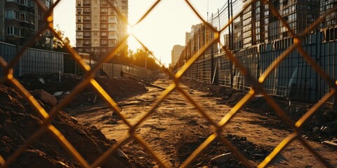 A view of a construction site seen through a chain link fence. This image can be used to depict the progress and activity at a construction site. - obrazy, fototapety, plakaty