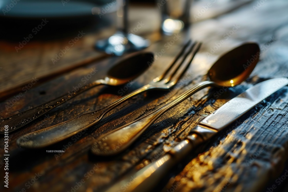Poster a wooden table with silverware placed on top. ideal for showcasing elegant dining setups