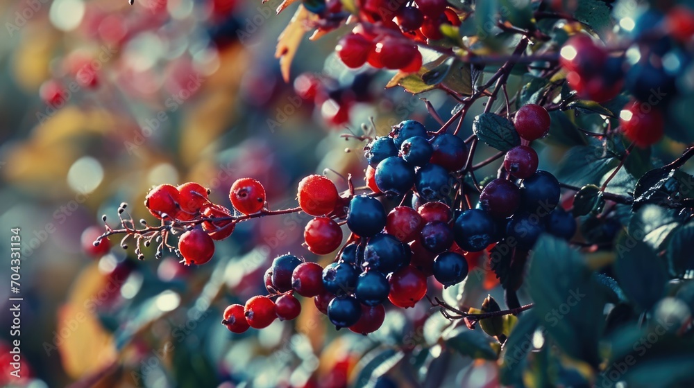 Poster A close-up view of a bunch of berries on a tree. This image can be used to showcase the beauty of nature or to illustrate concepts related to fruit, agriculture, or healthy eating