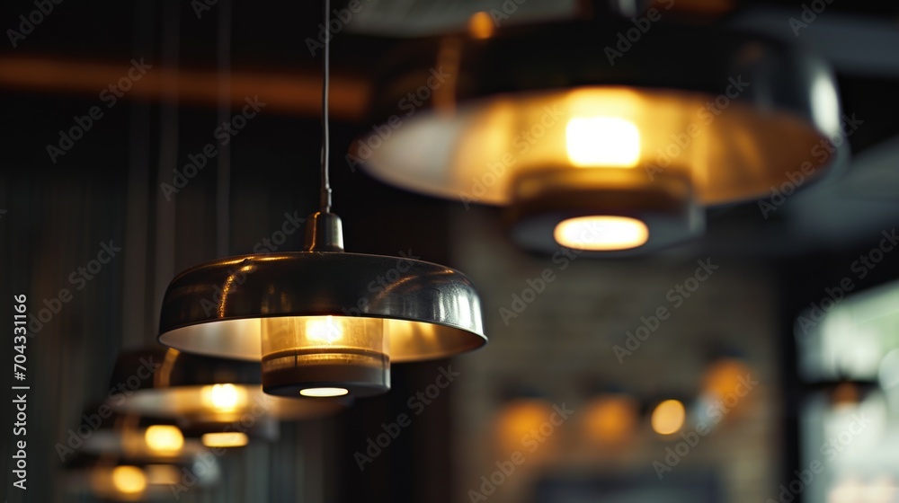 Poster A picture showcasing a number of lights hanging from a ceiling. Perfect for adding a modern touch to any interior space