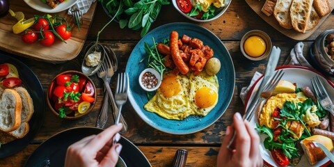 A wooden table with various plates of delicious food. Perfect for food blogs, restaurant menus, and cooking websites