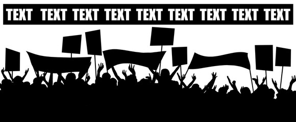 Personengruppe als Silhouette mit Bannern und Tafeln