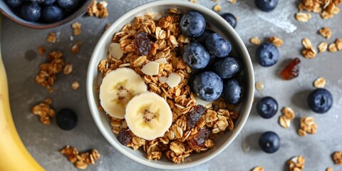 Fototapeta premium A delicious bowl of granola topped with fresh bananas and juicy blueberries. Perfect for a healthy breakfast or snack