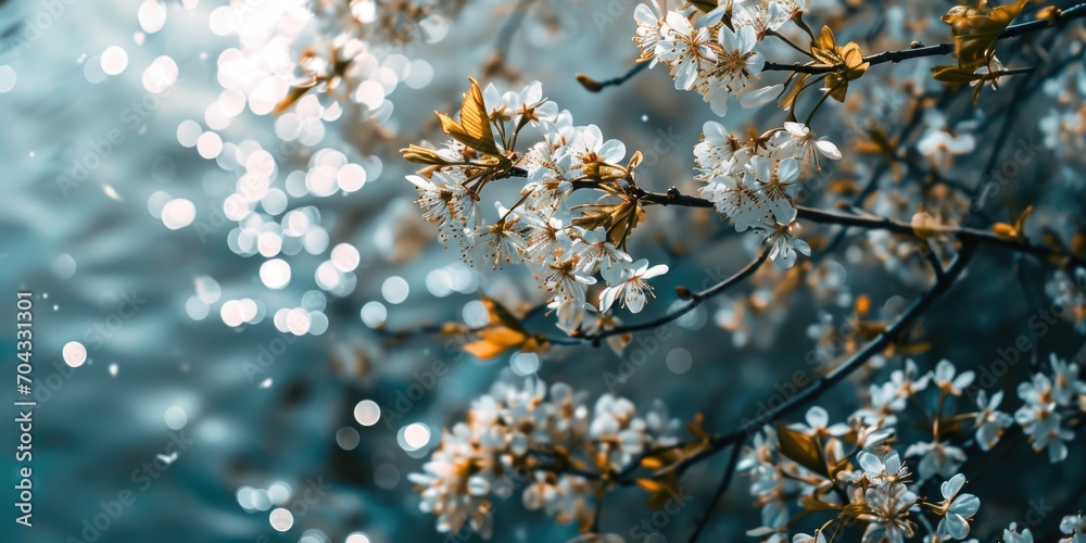 Poster a close-up shot of a tree with beautiful white flowers. perfect for nature enthusiasts or botanical 