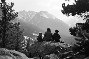 Fototapeta premium A group of people sitting on top of a rock. Can be used to illustrate friendship, teamwork, or enjoying outdoor activities