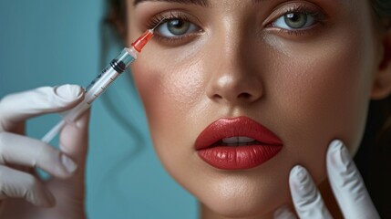 A woman getting her lips painted red. Perfect for beauty and makeup related projects