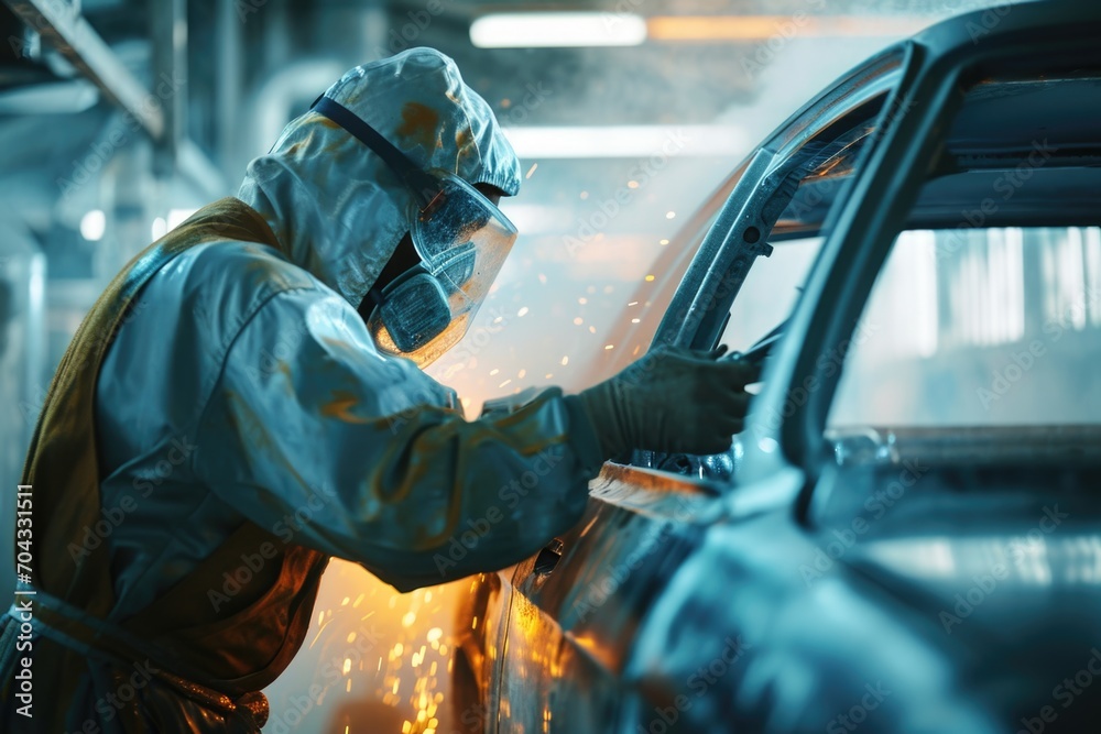 Poster a man wearing a protective suit is seen working on a car. this image can be used to illustrate car m