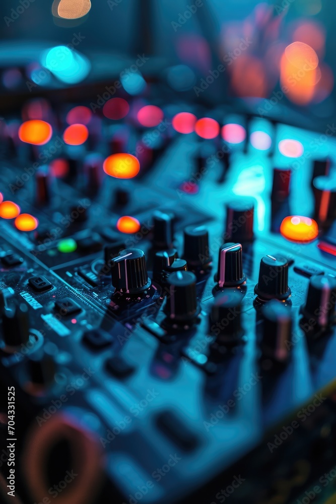 Poster a close up view of a mixing board in a recording studio. perfect for showcasing the equipment and te