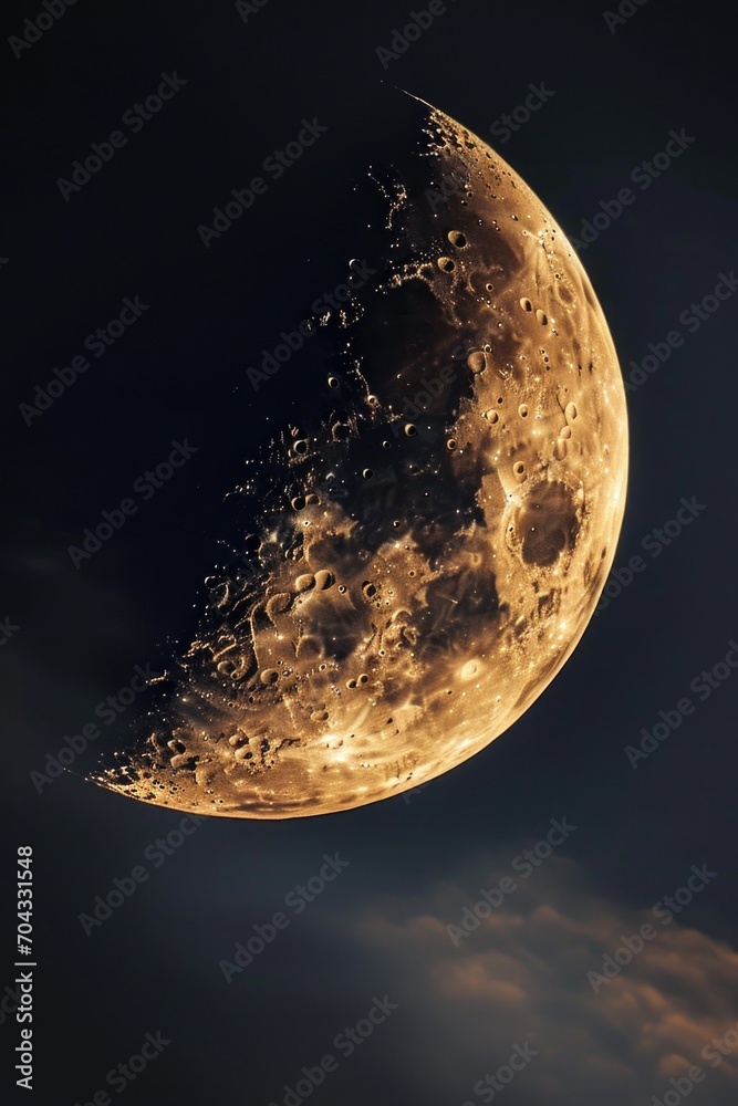 Aufkleber Close up view of the moon with clouds in the background. Ideal for astronomy enthusiasts and nature lovers
