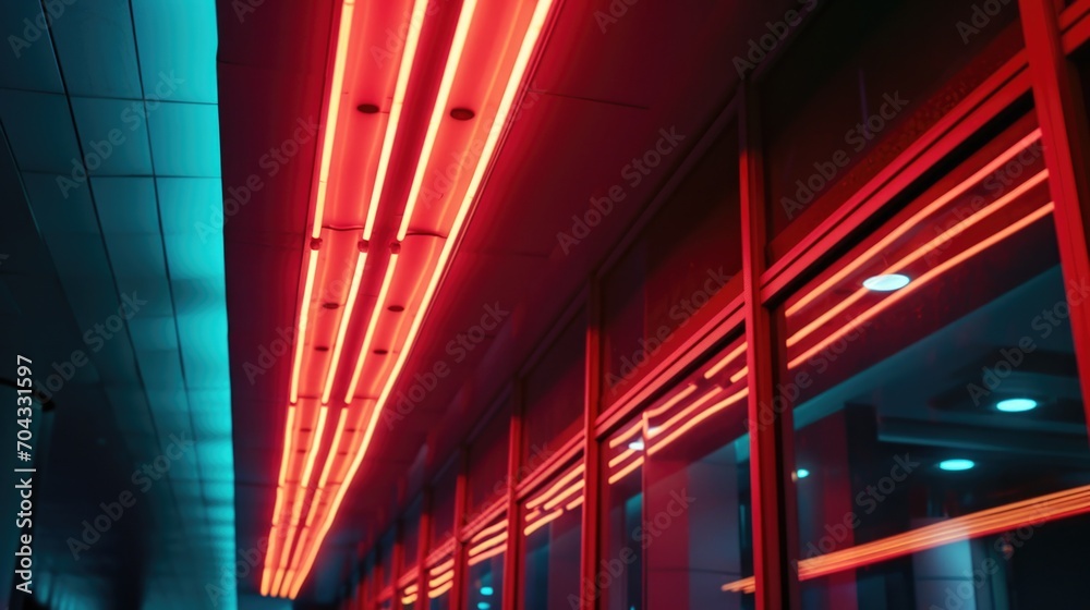 Poster A picture of a long hallway illuminated by red neon lights. Perfect for adding a futuristic and vibrant touch to any project or design