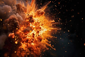 A powerful and visually stunning explosion releasing vibrant orange and black smoke. This image can be used to convey intensity, danger, or chaos.