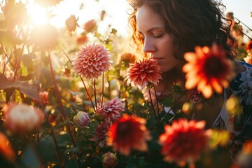 A woman standing in a beautiful field of colorful flowers. Perfect for nature and outdoor themed...