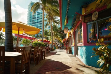A picture of a sidewalk with tables and umbrellas, perfect for showcasing outdoor dining options. This image can be used to promote restaurants, cafes, and other establishments with outdoor seating