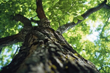 Fototapeta premium A picture of a tall tree with lush green leaves. Perfect for nature-themed designs and projects