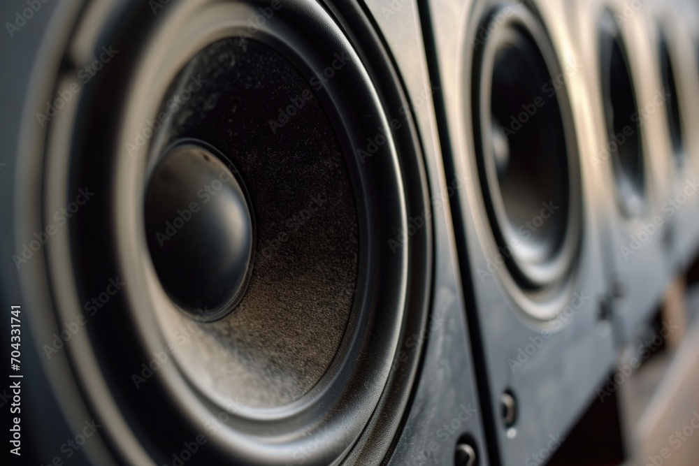 Poster Close-up view of a pair of speakers. Ideal for music-related projects or sound system advertisements