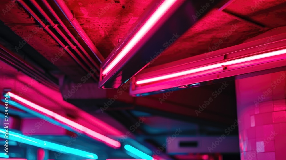 Poster Neon lights hanging from a ceiling. Perfect for adding a vibrant and colorful atmosphere to any space