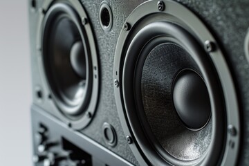 A detailed view of a pair of speakers. Perfect for music enthusiasts and audio professionals