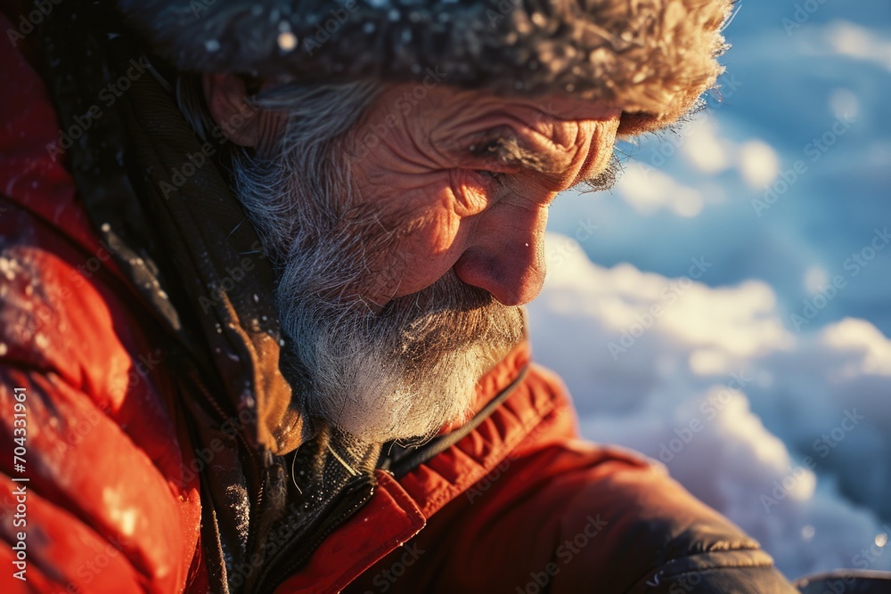 Poster a man wearing a red jacket and hat is seen looking at his cell phone. this image can be used to depi