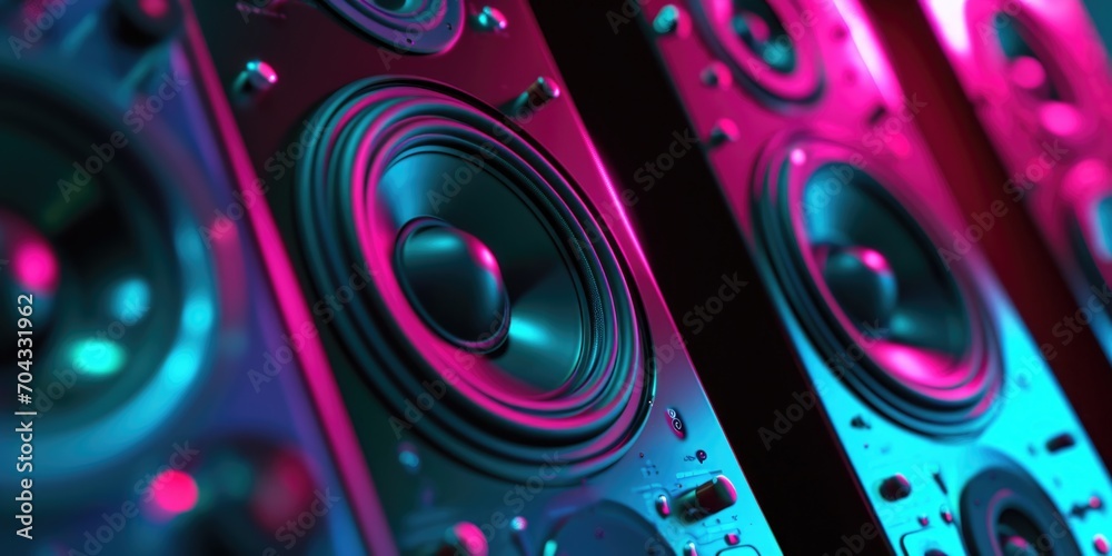 Poster a close up view of a collection of speakers mounted on a wall. this image can be used to showcase au