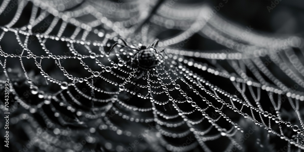 Poster A spider web glistening with water droplets, creating a mesmerizing and intricate pattern. Perfect for adding a touch of nature's beauty to any project