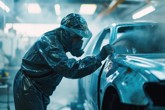 A man wearing a protective suit is seen painting a car. This image can be used to depict car maintenance, auto body repair, or vehicle customization