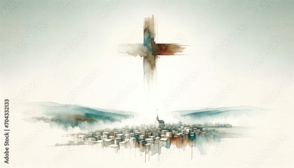 Wall mural Watercolor painting of a Christian cross over the town on a white background. Watercolor digital painting. - Wall murals