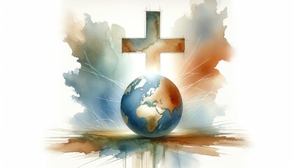 Earth and cross on a white background with watercolor splashes. Watercolor digital painting. - obrazy, fototapety, plakaty