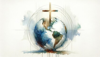 Watercolor illustration of a Christian cross on earth on a white background. Digital painting. - obrazy, fototapety, plakaty