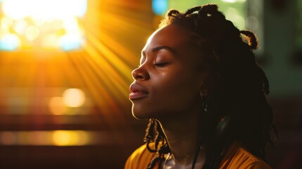 Sunlit prayer. Black woman praying in the church in the sunbeams shining through the window. - obrazy, fototapety, plakaty