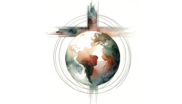 Earth with a Christian cross on a white background. Watercolor digital painting.