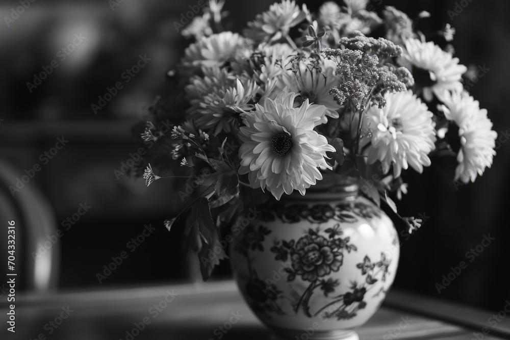 Poster a black and white photo featuring a vase of flowers. this versatile image can be used in various con